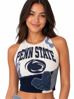 Handmade PSU White and Navy Halter Crop Top